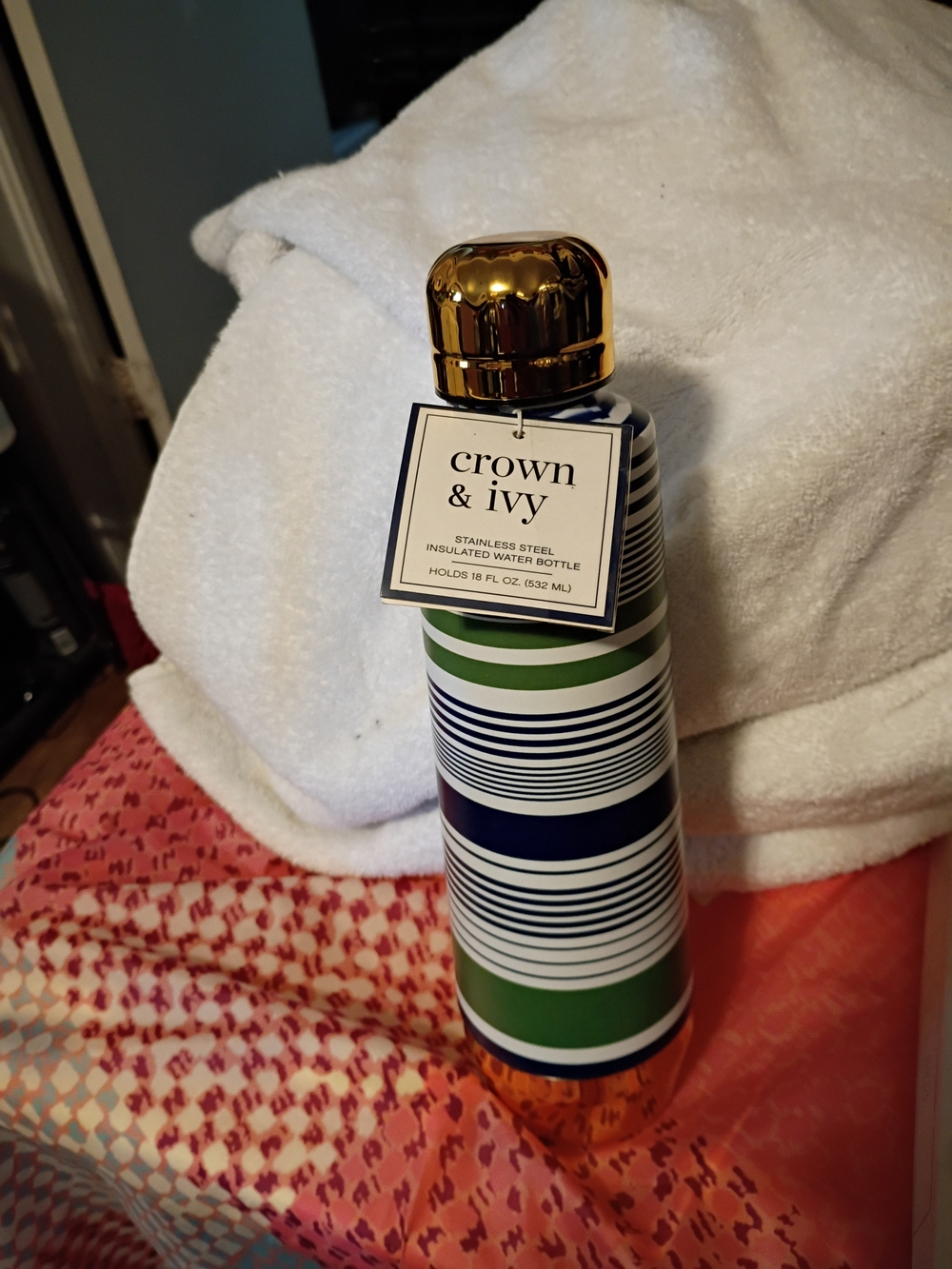 Crown & Ivy Green/Navy Striped Stainless Steel Water Bottle